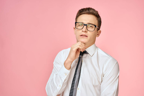 Business man in white shirt with tie wearing glasses self-confidence official pink background - Photo, Image