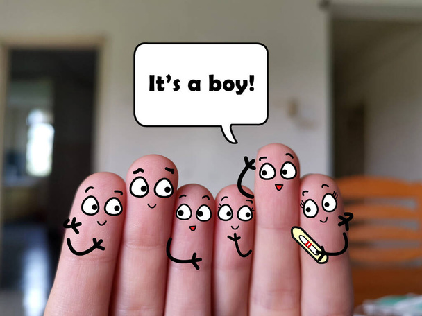 Sechs Finger sind als sechs Personen dekoriert. Eine von ihnen ist schwanger. Sie freuen sich über die gute Nachricht. - Foto, Bild
