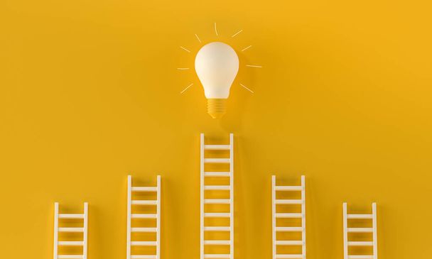 Several stairs and one of these leads to a Glowing light bulb on yellow background. Winner, startup, inspiration, brainstorming concept. 3D rendering. - Foto, Imagem