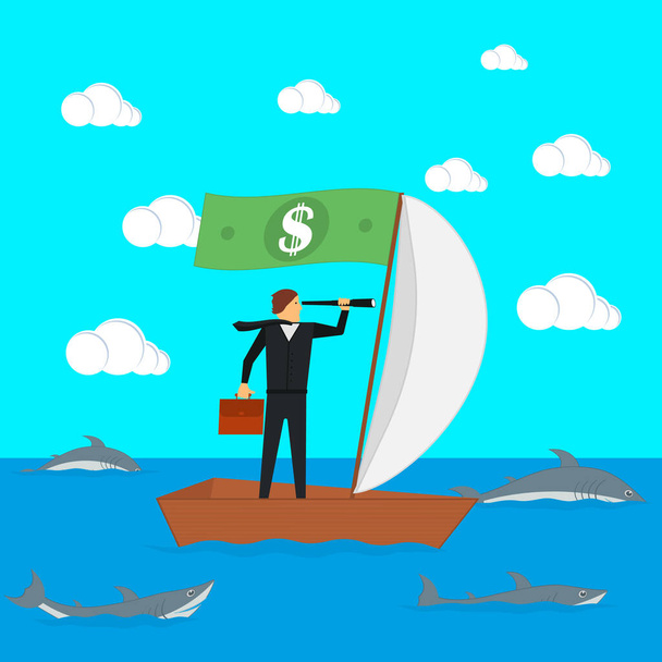 El concepto de riesgos en las empresas y la gestión. Un hombre de negocios en un velero mira a través de un catalejo. El gerente está rodeado de tiburones. Ilustración vectorial. - Vector, imagen