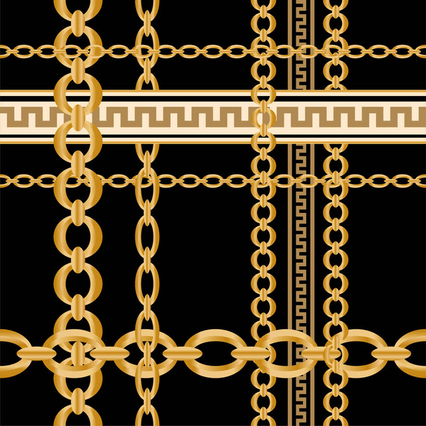 Naadloos patroon versierd met edelstenen, gouden kettingen en parels. - Vector, afbeelding