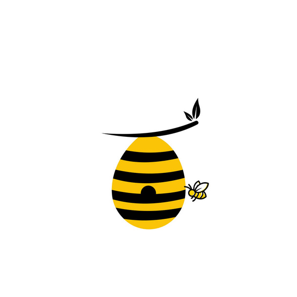 Улей с пчелами, летающими вокруг иллюстрации мультфильма, концепция органических продуктов из меда, дизайн упаковки, - Вектор,изображение