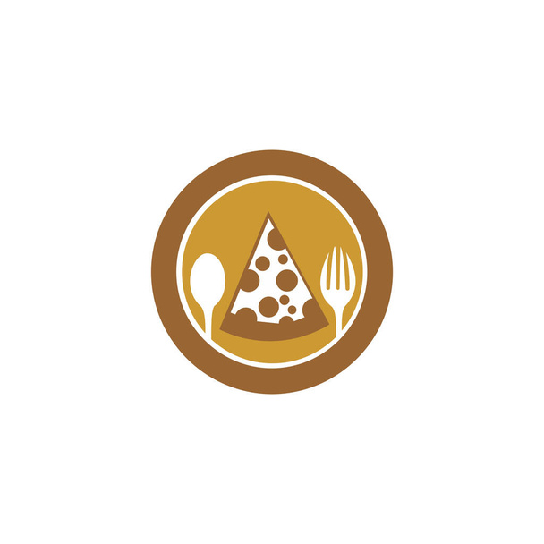 ファーストフードピザスライスアイコン。ファーストフード店の紋章だ。白い背景にシンプルなフラットスタイルのピザのロゴ. - ベクター画像