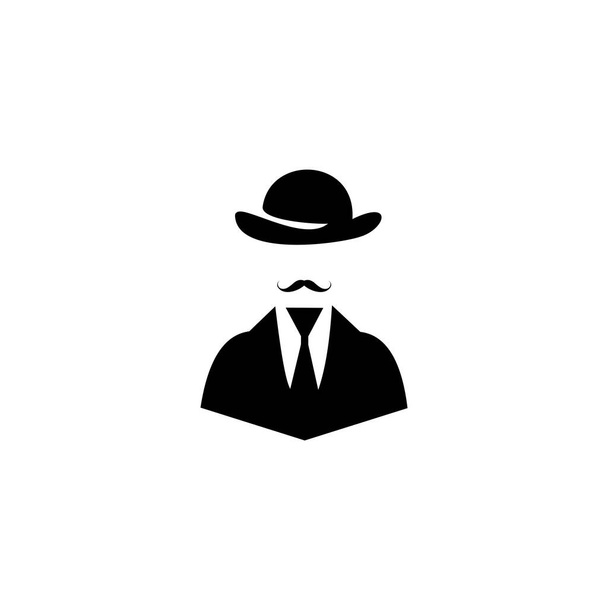 Hattupäinen mies, jolla on solmio. Herrasmiesten logo. Tunnuksen muotoilu valkoisella pohjalla. - Vektori, kuva