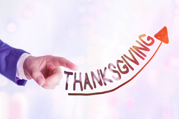 Writing note showing Thanksgiving. Business photo showcasing public acknowledgment or celebration of divine goodness Digital arrowhead curve denoting growth development concept. - Photo, Image