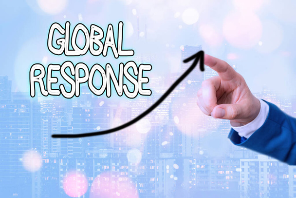 Text sign showing Global Response. Conceptual photo indicates the behaviour of material away from impact point digital arrowhead curve rising upward denoting growth development concept. - Photo, Image