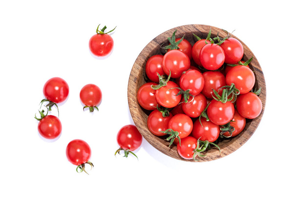 Red cherry tomatoes isolated on white background. Place for text. Food background. - Photo, Image