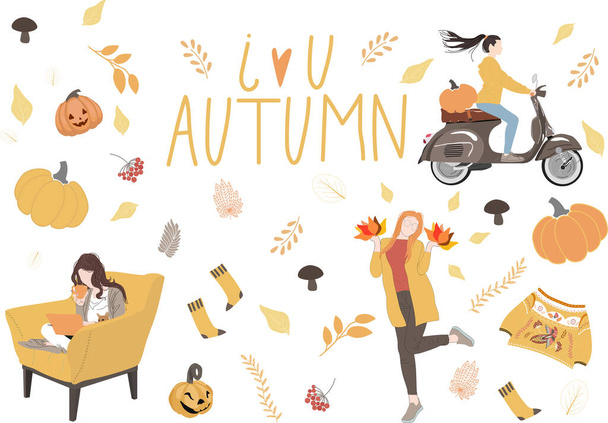 Vector set of autumn icons: sweater, falling leaves, pumpkins, tea,cute girls and more hand drawn objects.  Bright background for harvest time. Autumn greeting card. Colorful Cartoon Flat Vector. - Vettoriali, immagini