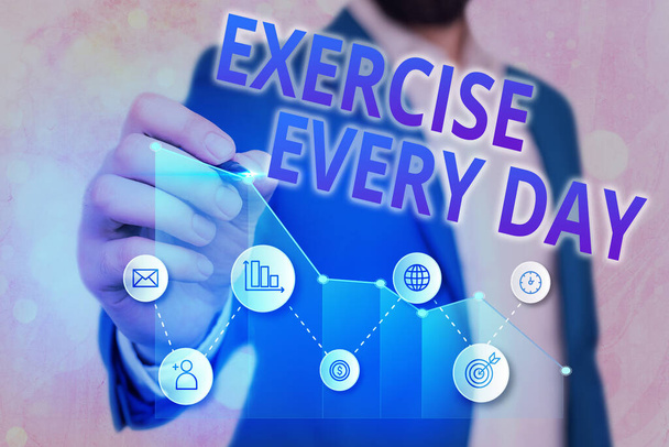 Word writing text Exercise Every Day. Business concept for move body energetically in order to get fit and healthy Arrow symbol going upward denoting points showing significant achievement. - Photo, Image