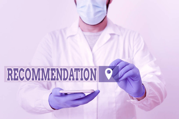 Handwriting text Recommendation. Concept meaning something that recommends or expresses commendation Laboratory Technician Featuring Empty Sticker Paper Accessories Smartphone. - Photo, Image
