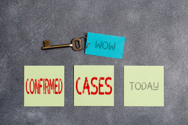 Conceptual hand writing showing Confirmed Cases. Business photo text set of circumstances or conditions requiring action Paper accessories with smartphone arranged on different background. - Photo, Image