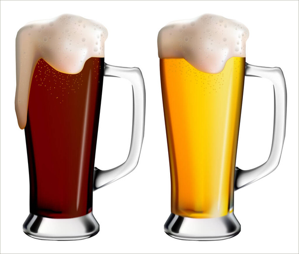 Realistic image of glass mugs with light and dark beer. Oktoberfest holiday. - Vector, Image