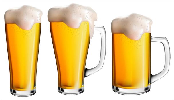Un'immagine isolata di diversi tipi di bicchieri di birra. Illustrazione vettoriale realistica di tazze di vetro con birra leggera. Vacanza Oktoberfest.  - Vettoriali, immagini