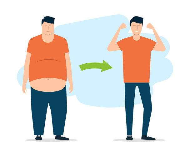 Joven antes y después de practicar deportes. Un hombre gordo puede perder peso. Ilustración vectorial - Vector, imagen