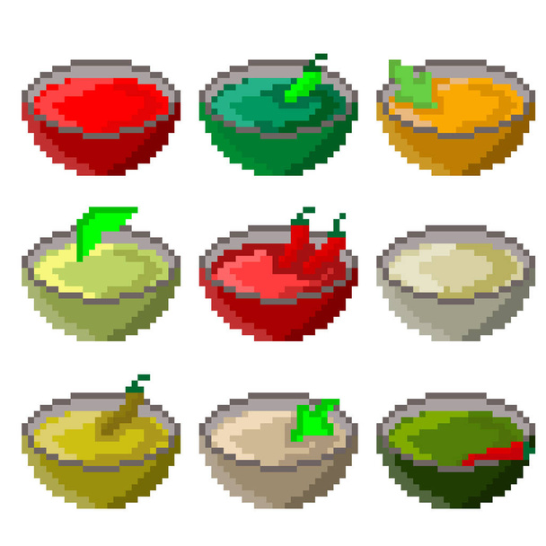 Een set van negen etenswaren bestaande uit pixels. Diverse sauzen zoals soja, mayonaise, zure room, mosterd, mierikswortel, ketchup, wasabi, etc. Interessant beeld voor websites, restaurantmenu 's. Vectorillustratie. - Vector, afbeelding