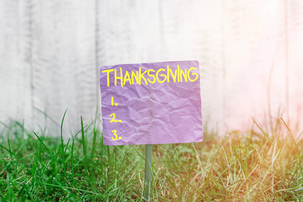 Conceptual hand writing showing Thanksgiving. Business photo text public acknowledgment or celebration of divine goodness Plain paper attached to stick and placed in the grassy land. - Photo, Image
