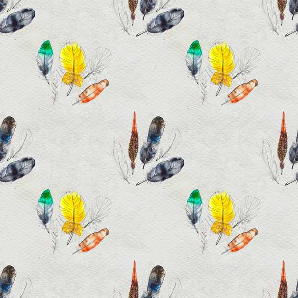 Watercolor feathers seamless pattern. Hand painted texture - Fotoğraf, Görsel