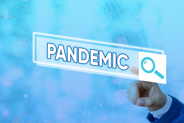 Conceptual hand writing showing Pandemic. Business photo showcasing occurring over a wide area affecting high proportion of population Web search digital futuristic technology network connection. - Photo, Image