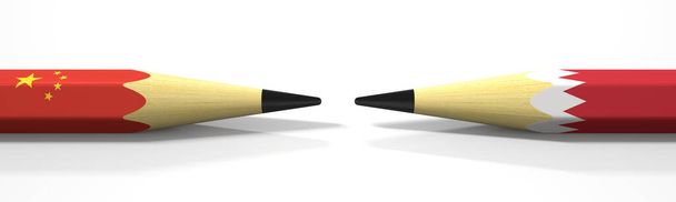 Opposing pencils with flags of China and Bahrain. Conflict concept, 3d rendering - Photo, image
