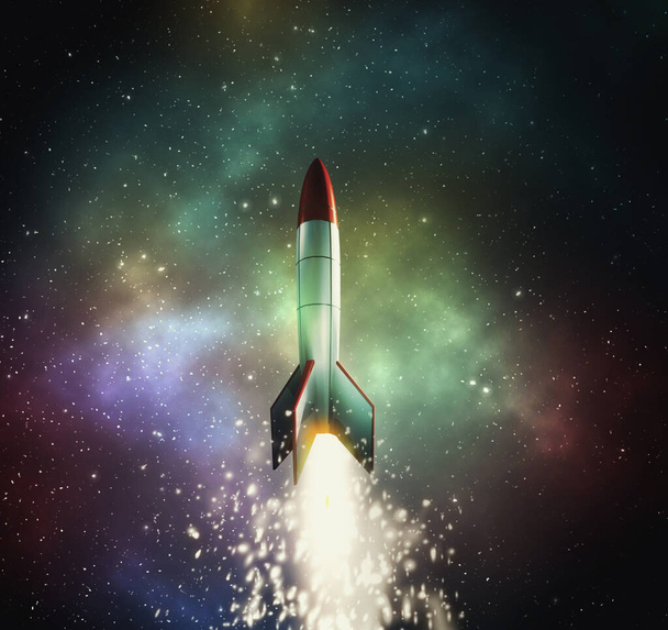 Ракета летит в пространстве. This is a 3D render illustration .  - Фото, изображение