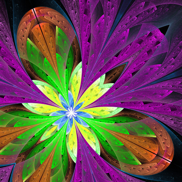 Multicolor bela flor fractal em verde, roxo e marrom
.  - Foto, Imagem