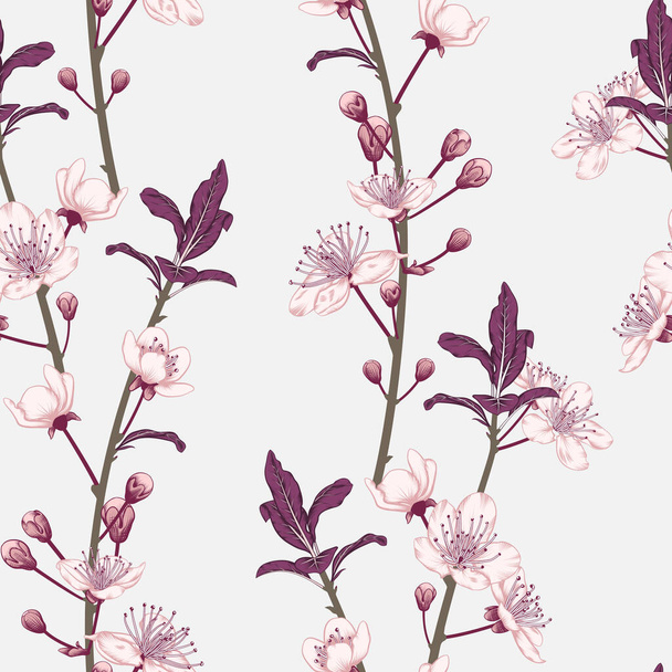 Naadloze roze Japanse kersen bloemen met paarse bladeren en knoppen patroon met textiel en stof patronen - Vector, afbeelding