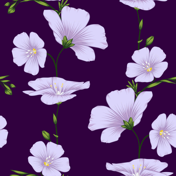 Padrão de flores e botões sem costura Lilac Flax para padrões de tecido e tecido - Vetor, Imagem