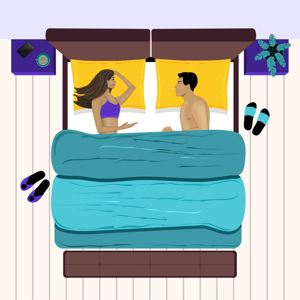 夫婦はベッドサイドテーブル付きのダブルベッドで一緒に寝ています。寝室だ。最上階だ。ベクターイラスト. - ベクター画像