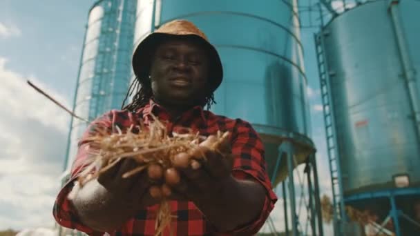 Afrikkalainen mies viljelijä pitää heinää käsissään edessä siilon järjestelmä - Materiaali, video