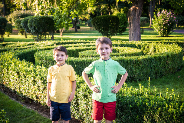 Dwoje rodzeństwa bawi się razem w pięknym zielonym parku. Szczęśliwa rodzina dwojga najlepszych braci stojących razem. Bracia grać na świeżym powietrzu tło lato. - Zdjęcie, obraz