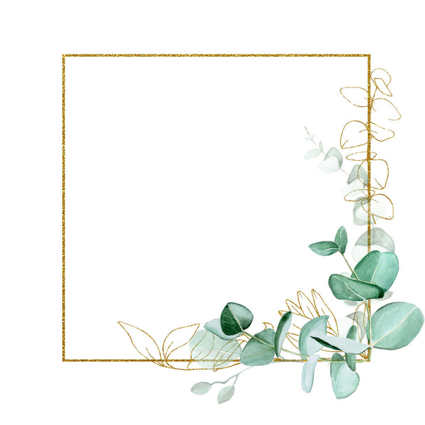 vintage gold square frame with eucalyptus leaves. rectangular shiny frame with watercolor eucalyptus leaves isolated on white background. design for wedding, invitation, postcard, perfume, cosmetics - Photo, Image