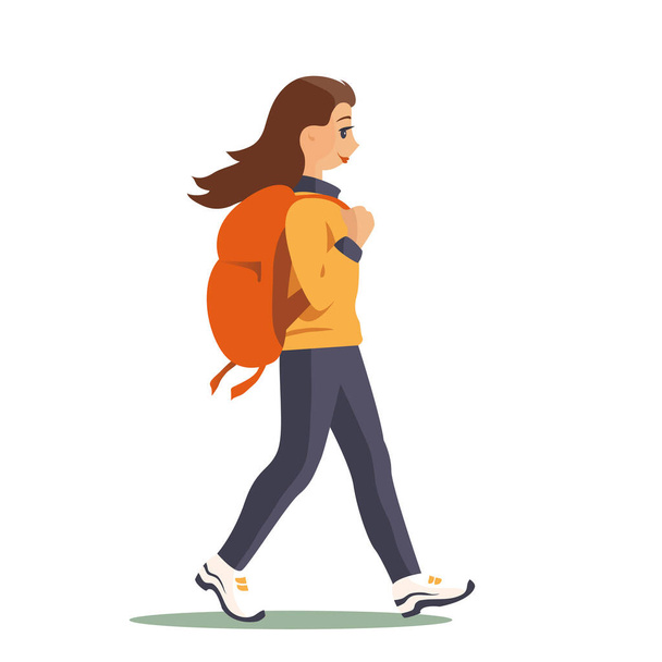 Onnellinen tyttö turisti kävelee reppu. Johtaa aktiivista elämäntapaa. Vektorieristetty kuva. - Vektori, kuva