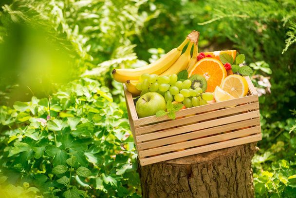 Korb mit frischem Obst mit Banane, Apfel, Trauben, grüne Kiwi im Garten Hintergrund. Gesunde und vitaminreiche Lebensmittel. Sommerernte. - Foto, Bild