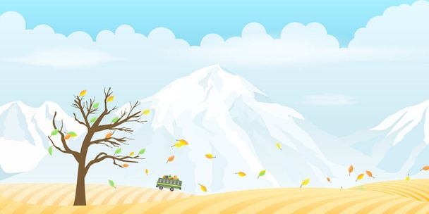 Осенний пейзаж со снежными горами, деревьями, листьями и векторной иллюстрацией автобусов - Вектор,изображение