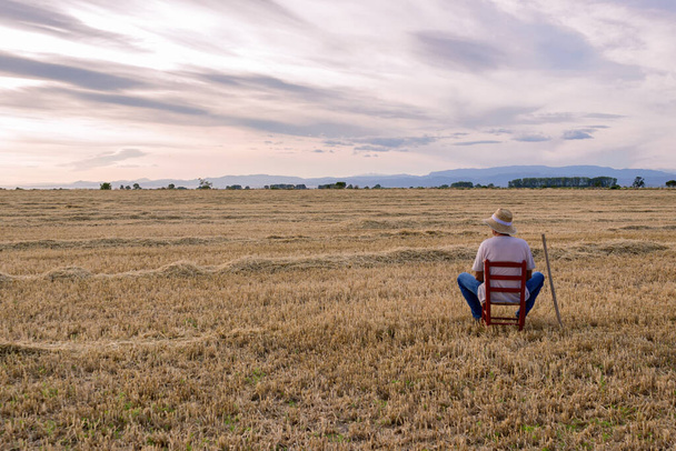 Agricultor com chapéu de palha e enxada sentado em uma cadeira vermelha no meio do campo. Conceito de agricultura. - Foto, Imagem
