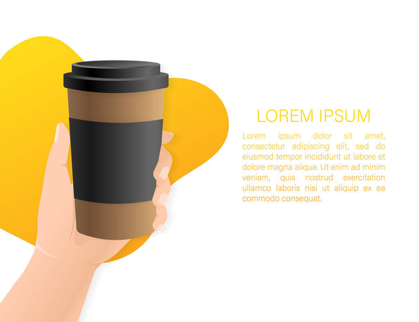 Flat icon with coffee cup with hand. Flat illustration. Coffee to go. Vector illustration - Vector, Image