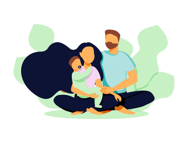 Joven pareja feliz abrazando a su recién nacido con cuidado y amor. Padre y madre con bebé en las manos. Familia y cuidado del bebé vector concepto. - Vector, Imagen