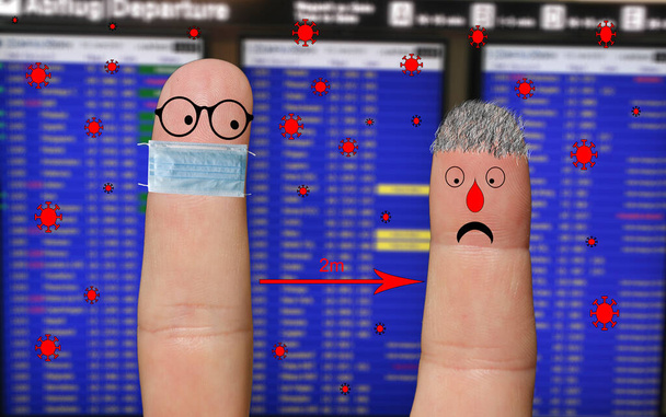 Cara de dois dedos mantendo uma distância social na frente do horário de voo - Foto, Imagem