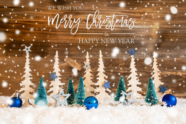 Tree, Snow, Blue Star, Merry Christmas And Happy New Year, Wood, Snowflakes - Photo, Image