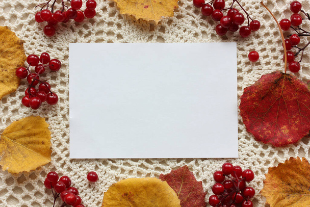 autumn background with copying space. an empty sheet of paper, clusters of viburnum and fallen aspen leaves, top view. mockup, scene creator.  - Fotó, kép