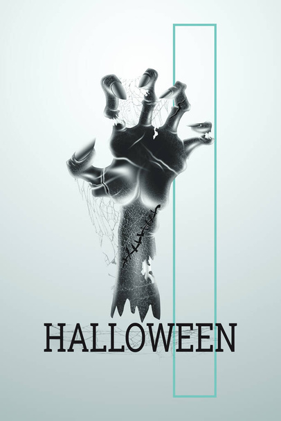 Creative Halloween Banner. Halloween lettering and zombie hand on a light background. Vertical flyer, header for website. Copy space, 3D illustration, 3D render - Foto, imagen