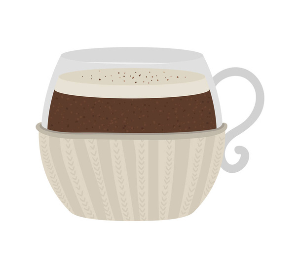 Vektorový šálek s pleteným držákem a kávou. Zimní tradiční pitná ilustrace. Ikona horkého nápoje. Ilustrace kakaa nebo cappuccino izolované na bílém pozadí - Vektor, obrázek