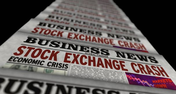 Stock exchange crash business news. Daily newspaper print. Vintage paper media press production abstract concept. Retro style 3d rendering illustration. Economic crisis and market collapse concept. - Photo, Image