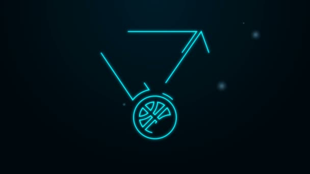 Glowing neon line Basketball medal with ribbon icon isolated on black background. 4K Video motion graphic animation - Footage, Video