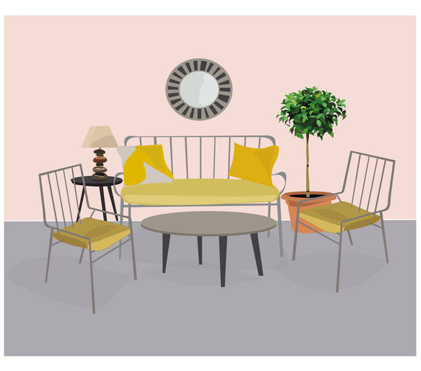 obývací pokoj zimní interiér.lavice, pohovka, židle, stůl, květináč strom, zrcadlo, lampa. Zahradní dekorace.dining room.modern vintage retro staromódní realistický styl kreslení. - Vektor, obrázek