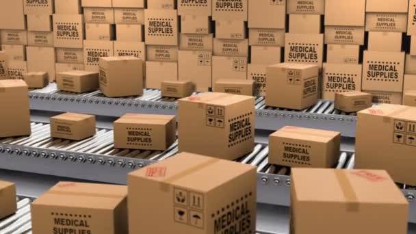 Картонні коробки з медичними приладдям та пожертвами на конвеєрному поясі
 - Кадри, відео