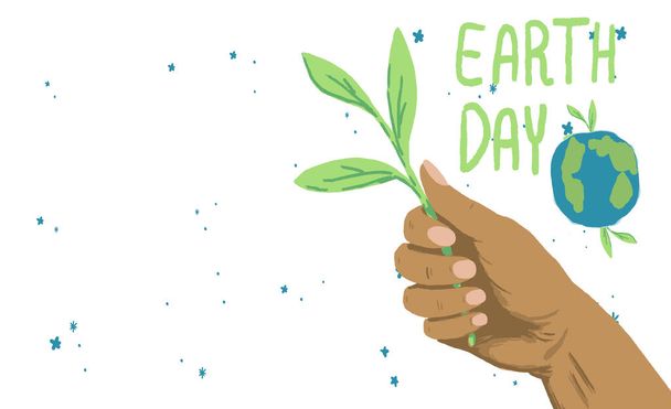 Earth day poster with copy space on white backdrop. Hand holds green twig symbol for invitation or gift card, social banner. Phone case or cloth print art. Hand drawn style stock vector illustration - Vector, Image