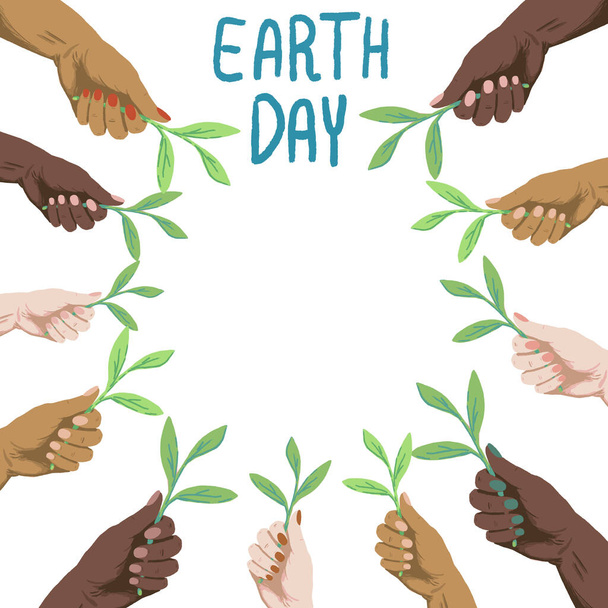 Earth day text with copy space on white isolated backdrop. Multinational arms for invitation card, social banner, flyer or pillowcase. Hoody or t shirt print. Cartoon style stock vector illustration - Vector, Image