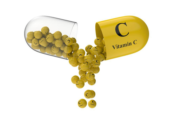 Capsula aperta con vitamina C da cui viene versata la composizione vitaminica. Illustrazione di rendering 3D medico - Foto, immagini