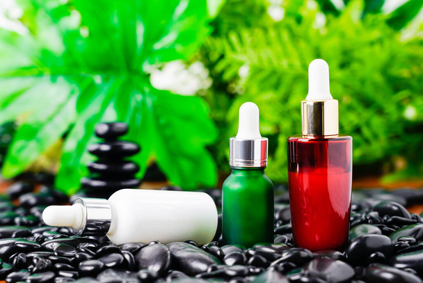 Thaï Spa massage réglage avec compte-gouttes bouteille d'huile sérique maquette ou huile essentielle sur pierre noire sur fond de feuilles vertes - Photo, image